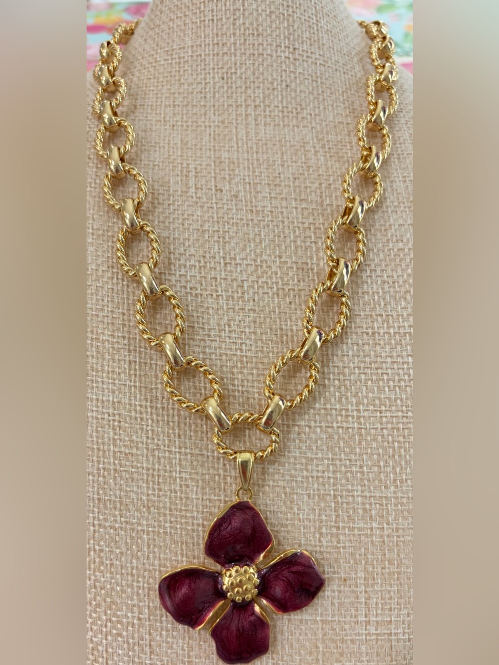 NEW Gold Plated Women's Necklace with Burgundy Floral Pendant